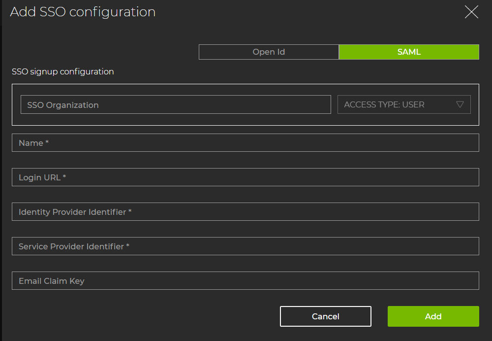 sso configuration card with SAML configuration