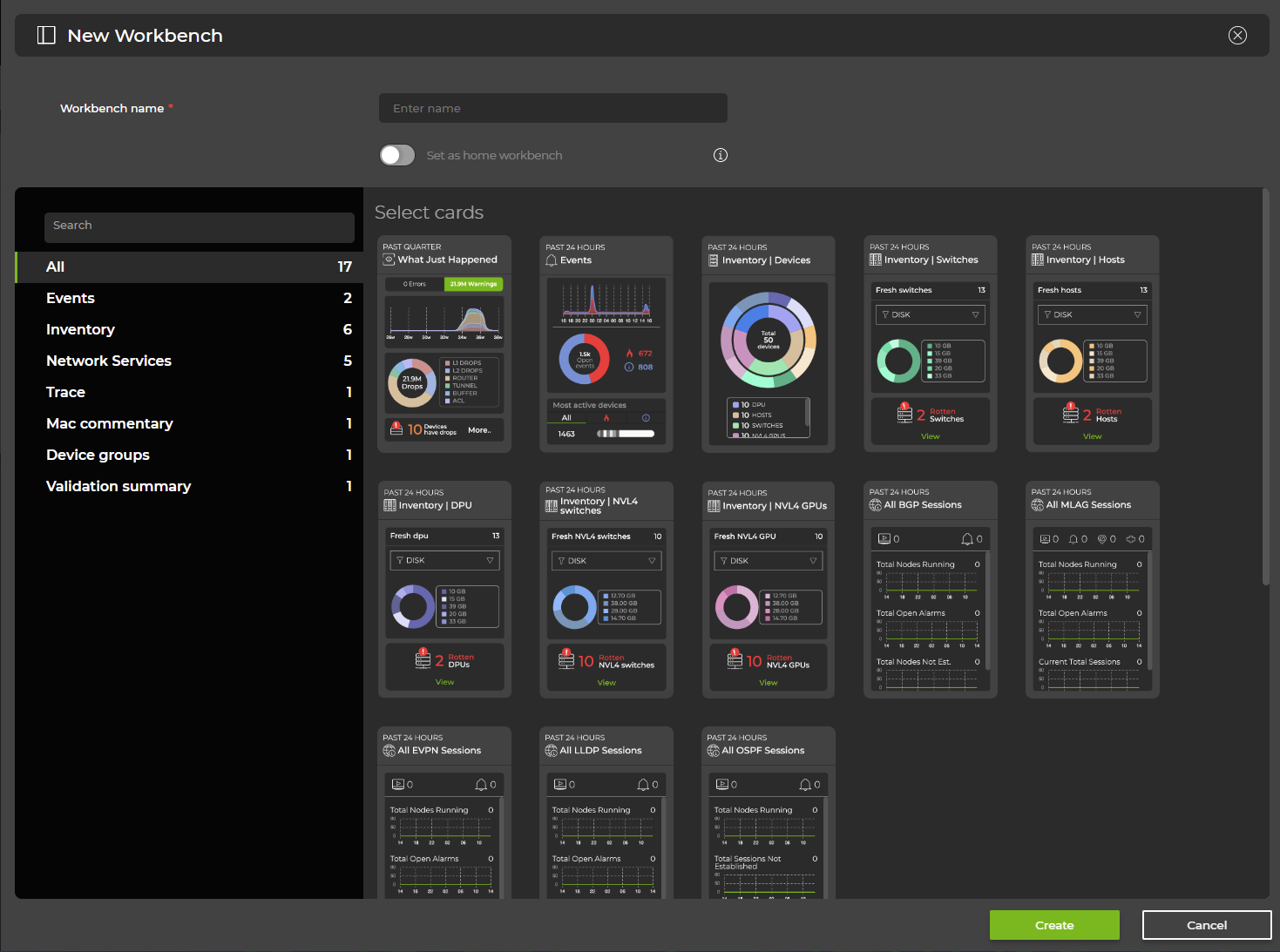 interface displaying the cards a user can select to add to their workbench