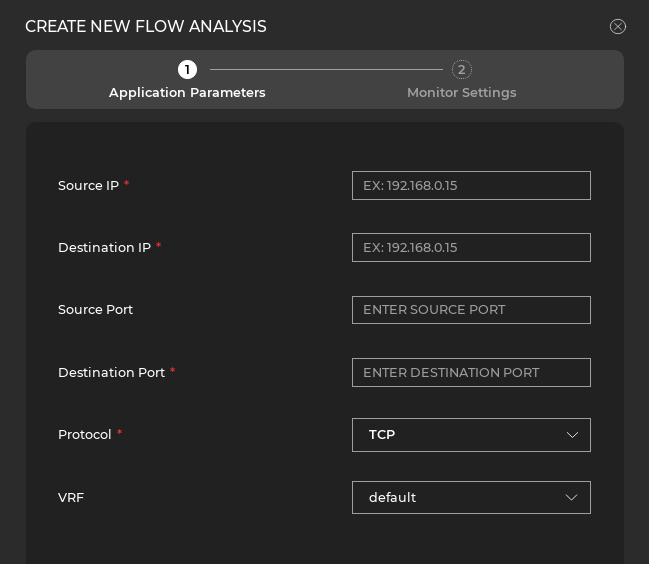 flow analysis wizard prompting user to enter application parameters