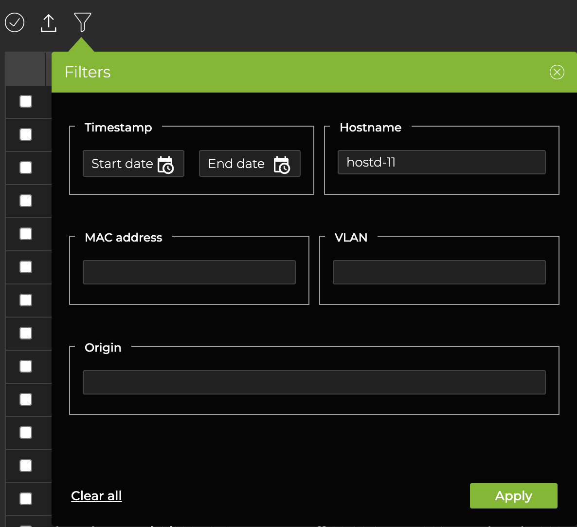 filter dialog prompting user to enter a hostname