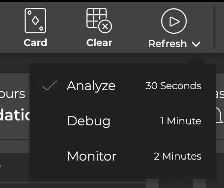refresh rate dropdown listng rate options of 30 seconds, 1 minute, and 2 minutes