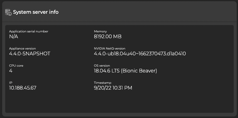 system server info card displaying appliance version, IP address, OS version, and NetQ version