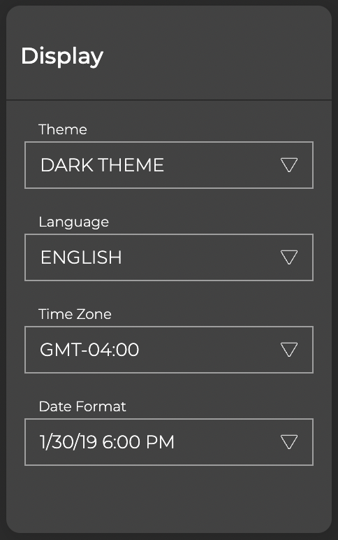 display card with fields specifying theme, language, time zone, and date format.
